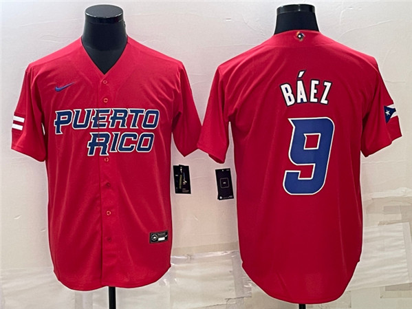 Men's Puerto Rico Baseball #9 Javier B??ez 2023 Red World Baseball Classic Stitched Jersey